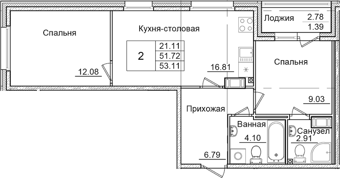 2-комнатная квартира 53.11 м², 4/9 эт., ЖК «Квартал Заречье»